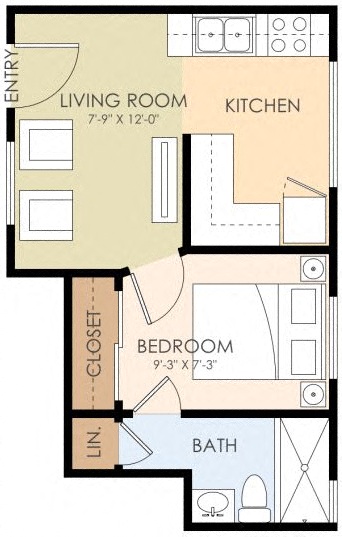 Floor plan for 1 bed, 1 bath, 551 sqft